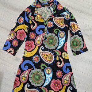 Reborn Sz S Big Flower Bright Multicolor Paisley Hippie Midi Shirt Dress 70sVibe